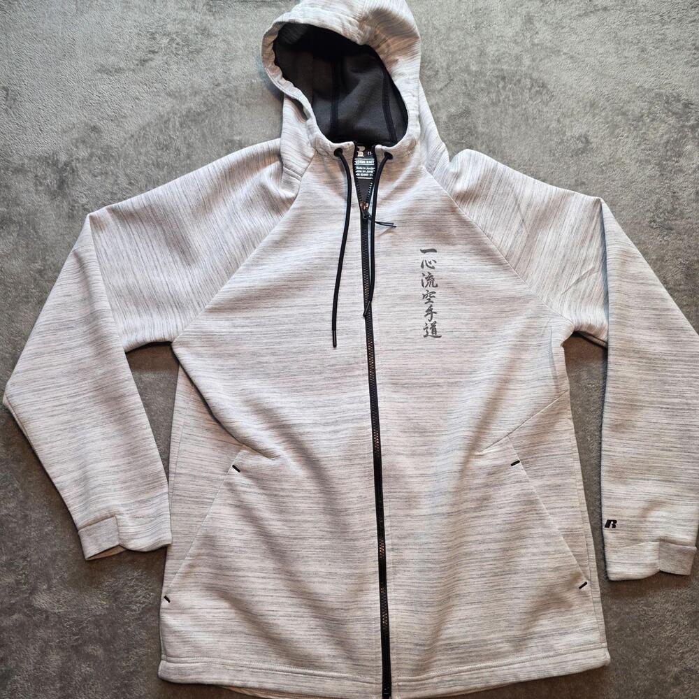 Russell Athletic Hoodie Mens Medium Gray Full Zip Knit Sweatshirt Kanji Graphic